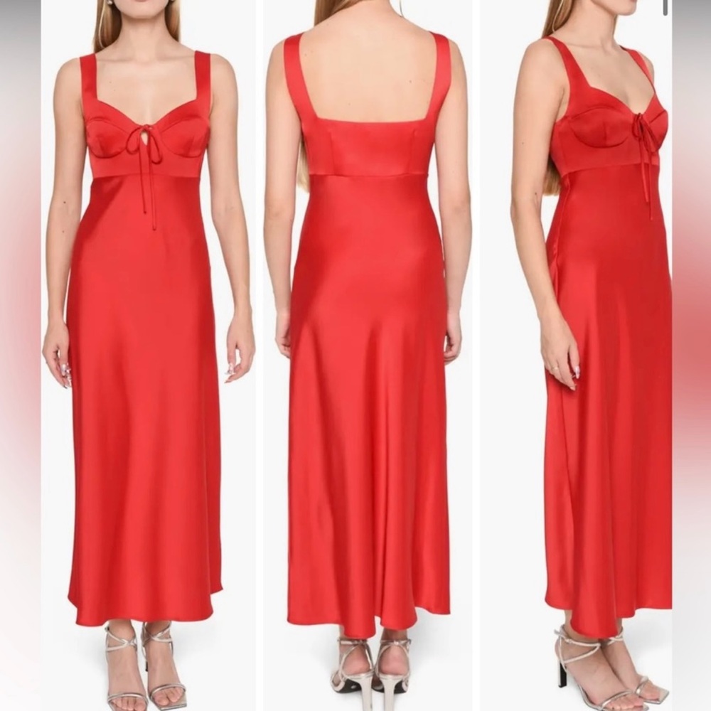 WAYF Red Bustier Bodice Siren Satin Midi Dress - Small